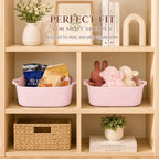 XUANGUO Medium Woven Cotton Rope Storage Basket with Handles, Light Pink | Small decorative rectangle storage bin for baby nursery items and cat toys; ideal as an empty gift basket or dog toy basket