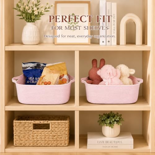 XUANGUO Medium Woven Cotton Rope Storage Basket with Handles, Light Pink | Small decorative rectangle storage bin for baby nursery items and cat toys; ideal as an empty gift basket or dog toy basket