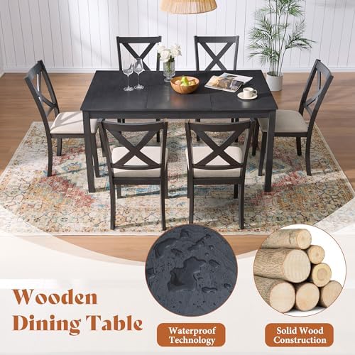 AMERLIFE 7-Piece Farmhouse Solid Wood Dining Table Set for 6, Grey & White