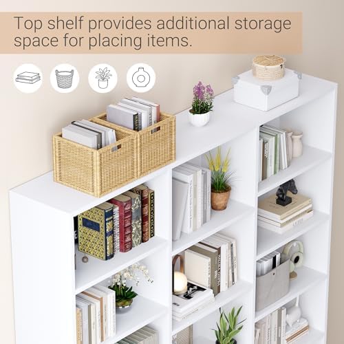 ELYKEN Triple Wide Bookshelf, Large 6 Tier Bookcase with 17 Shelves, White