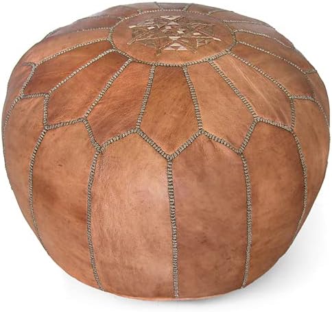 Stuffed Round Design Moroccan Leather Pouf Ottoman, Handmade, Pre-Filled, 100% Genuine Leather, 13” Height x 20” Diameter, Footstool & Living Room Décor (Tan)