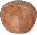 Stuffed Round Design Moroccan Leather Pouf Ottoman, Handmade, Pre-Filled, 100% Genuine Leather, 13” Height x 20” Diameter, Footstool & Living Room Décor (Tan)