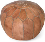 Stuffed Round Design Moroccan Leather Pouf Ottoman, Handmade, Pre-Filled, 100% Genuine Leather, 13” Height x 20” Diameter, Footstool & Living Room Décor (Tan)