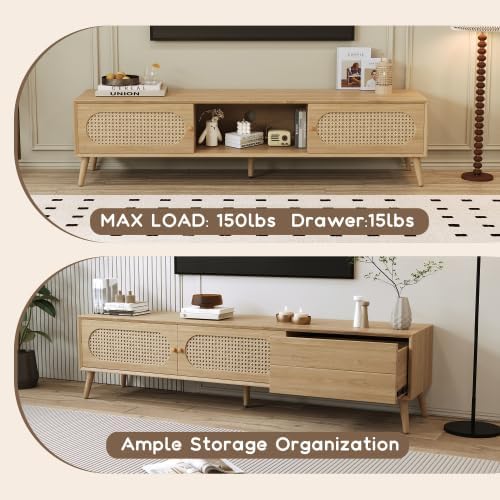 Bellemave TV Stand for up to 80", Farmhouse Entertainment Center with 2 Cabinets & Drawer, TV Media Console with Sliding Doors & Solid Wood Legs for Living Room, Bedroom (Natural)