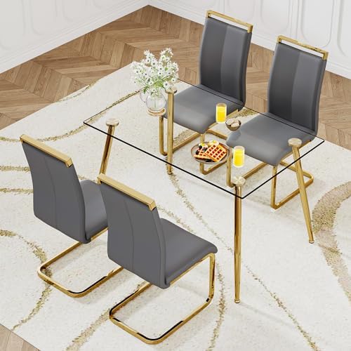 Ebullient Glass Dining Table Set for 4,5 Piece Dining Table and Chairs Set，Mo...