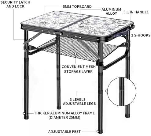 Outdoor Side Table, Portable 3 Adjustable Height, Small Folding Table