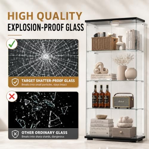 Glass Display Cabinet 4-Shelf 2 Doors with LED Push Light Lockable Glass Disp...