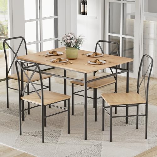 VECELO Dining Table Set for 4, 5-Piece Wood Kitchen Table with Chairs for Sma...