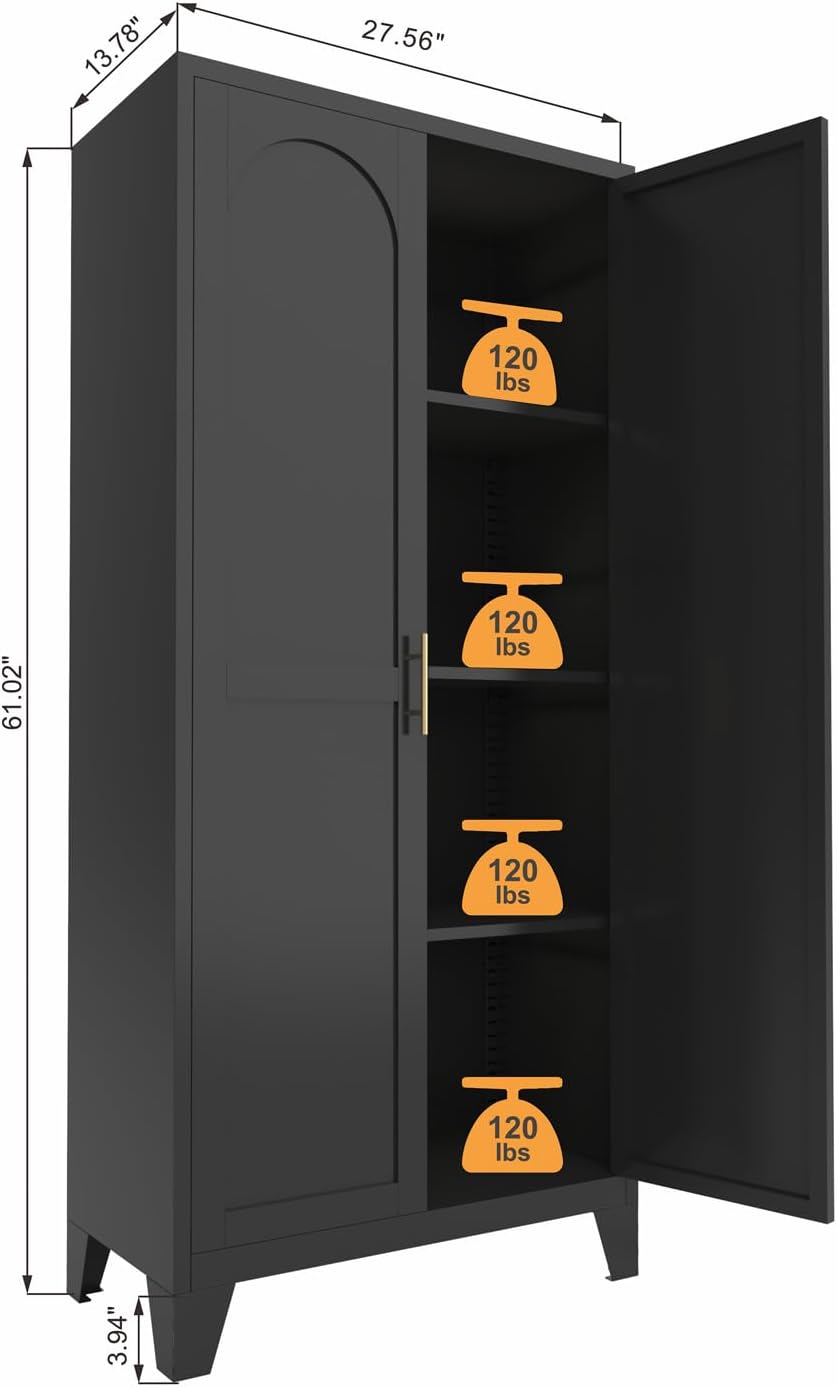 61" Tall Kitchen Pantry Cabinet, Black Metal Garage Storage Cabinet with...