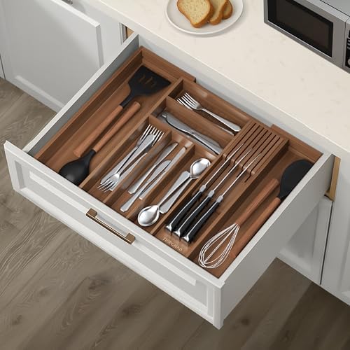 Expandable Bamboo Silverware Organizer with Knife Block, Brown | 12.6-21.45 x 16.3 x 2.13 in, Holds 7 Knives, Removable Knife Block, Adjustable Dividers, Drawer Insert for Utensils, Forks
