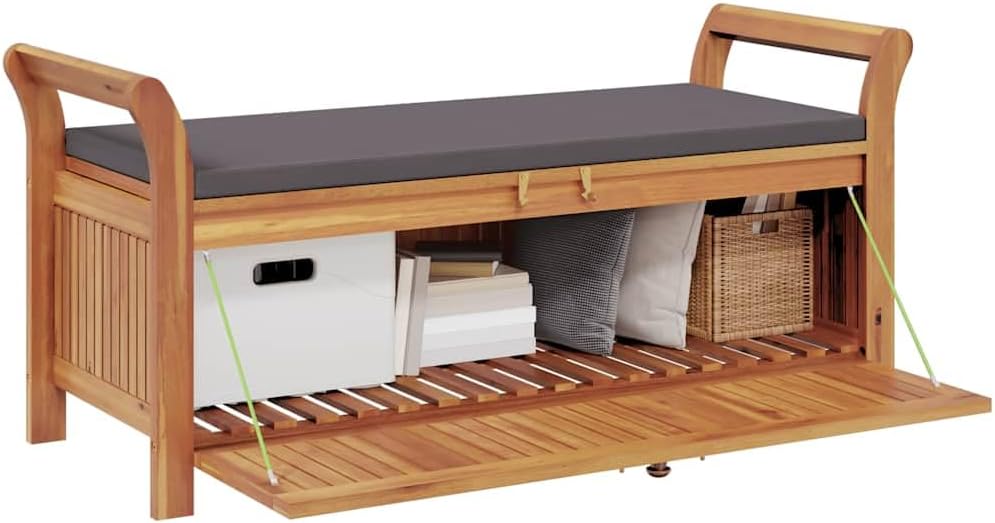 Solid Acacia Wood Garden Storage Bench with Cushion, 49.6 Inch Outdoor Patio ...