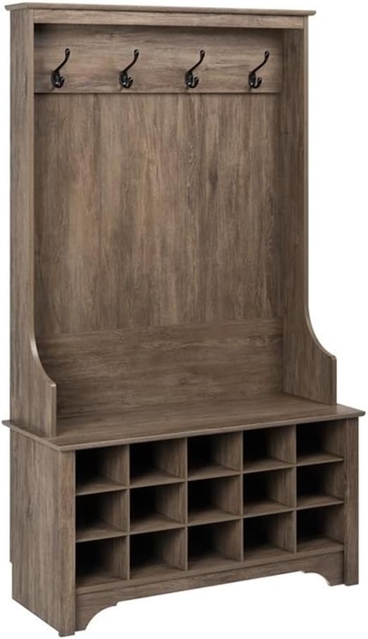 Prepac Entryway Organizer with 4 Coat Hooks, Coat Rack Hall Tree with Bench and Coat Storage, Furniture for Entryway with 15 Cubbies for Shoe Storage, 38” W x 68” H x 15.5” D, Drifted Gray