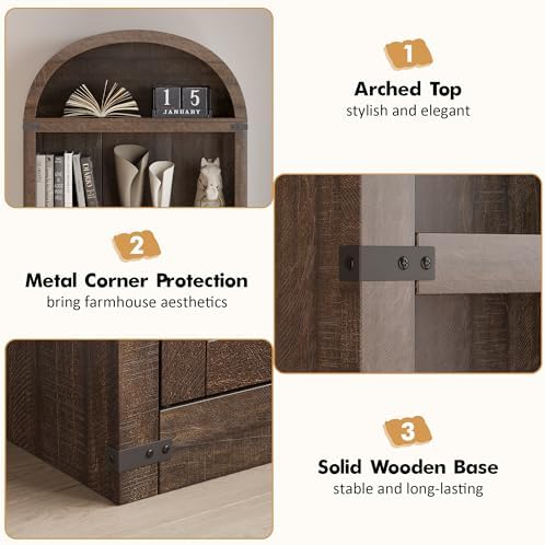 GarveeHome Bookcase with Doors Arched Bookshelf 71.65in Tall Bookcase Farmhou...