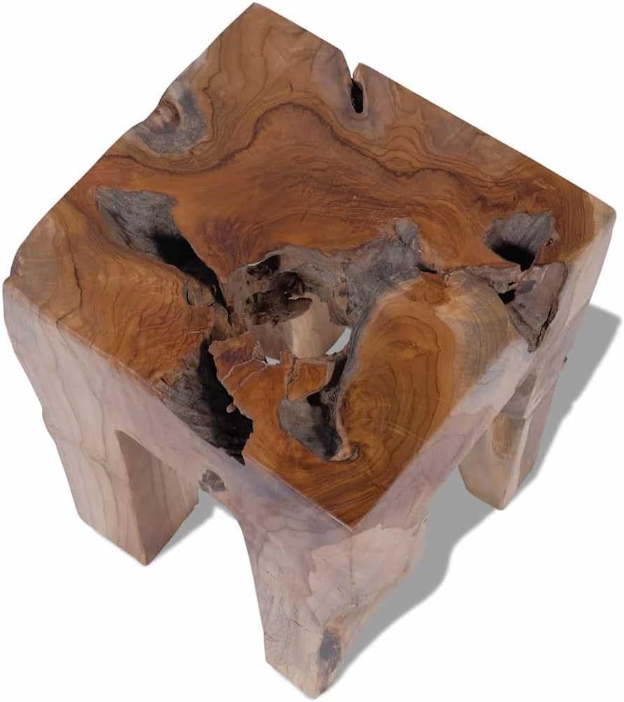 Solid Teak Wood Stool, Square Rustic End Table for Living Room Bedroom, Sturd...