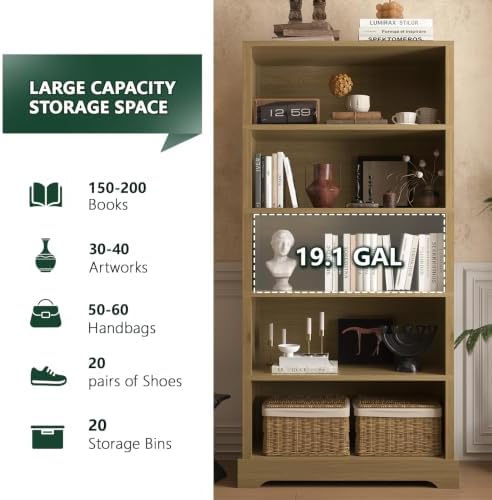 TVU 5 Tiers Wooden Bookshelf, 65.2" Tall Farmhouse Style Open Bookcase, ...