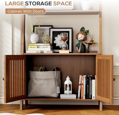 Bookcase with Drawers, Ladder Shelf 4-Tier Bamboo Bookshelf with 6 Hooks
