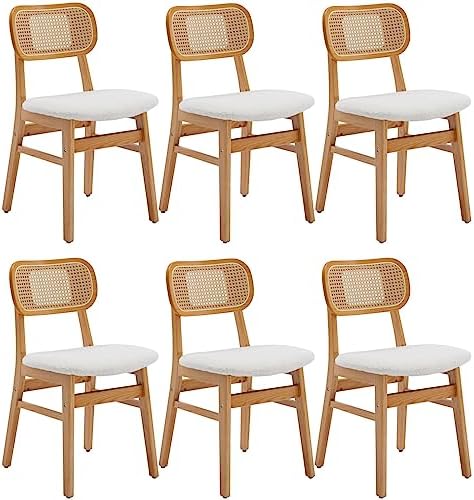 ROCITY Rattan Dining Chairs Set of 6 White Lambswool Dining Room Chairs Natur...