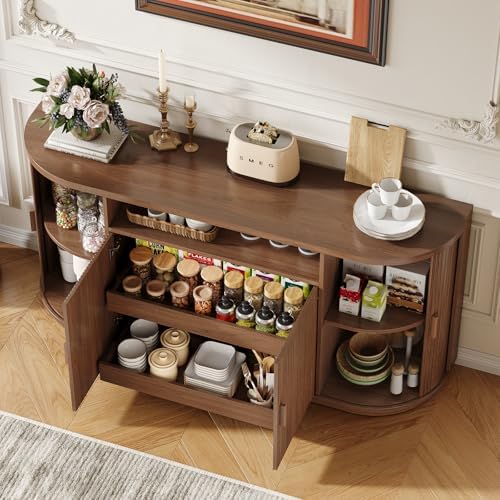63" Sideboard Buffet Cabinet with Storage, Modern Fluted Credenza, Walnut