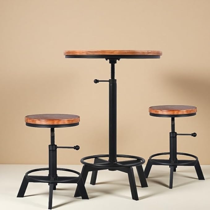Vintage Bar Table 30-35.4inch Height Adjustable Industrial Bistro Table Retro Dinning Table for Kitchen Coffee House Pub Swivel Wooden Top