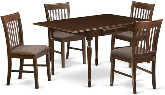 East West Furniture MZNO5-MAH-C 5 Piece Modern Dining Table Set Includes a Rectangle Wooden Table with Dropleaf and 4 Linen Fabric Dining Room Chairs, 36x54 Inch, Mahogany
