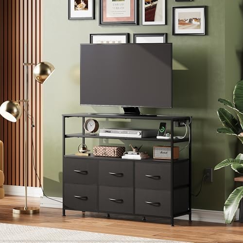 WLIVE TV Stand 40-45 Inch 6 Drawer Fabric Media Console LED, Black | TV stand...