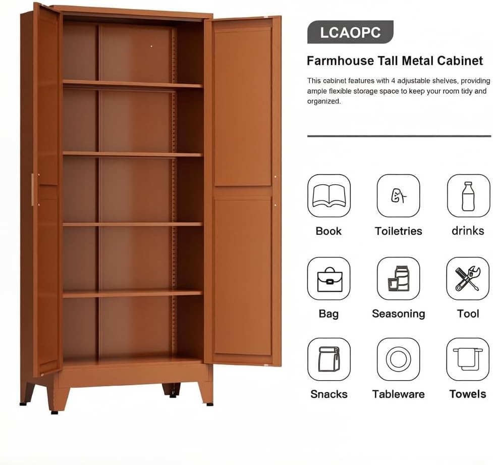 LCAOPC 71" Tall Metal Storage Cabinet with 2 Doors and 4 Adjustable Shel...