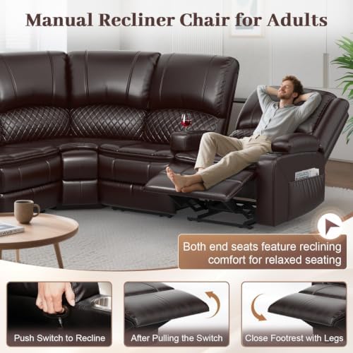 Upgraded 5 Seater Reclining Sofa Set, Modern Living Room Couch (Pu,Brown) | H...