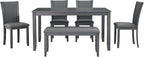 Ball & Cast 6 Piece Dining Table Set with 4 Upholstered Chairs & 1 Bench,Farmhouse Wooden Living Room Furniture for 6 W/ 58.5" Rectangle Kitchen Desk,for Restaurant,Home Bistro,Dining Room,Gray