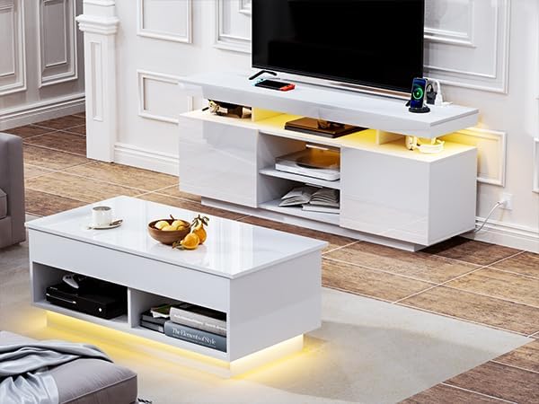 HOMMPA Modern LED TV Stand for 65/60/55 inch TV with Power Outlets, Gaming Console Storage Entertainment Center with LED Lights Game Cabinet for Living Room White