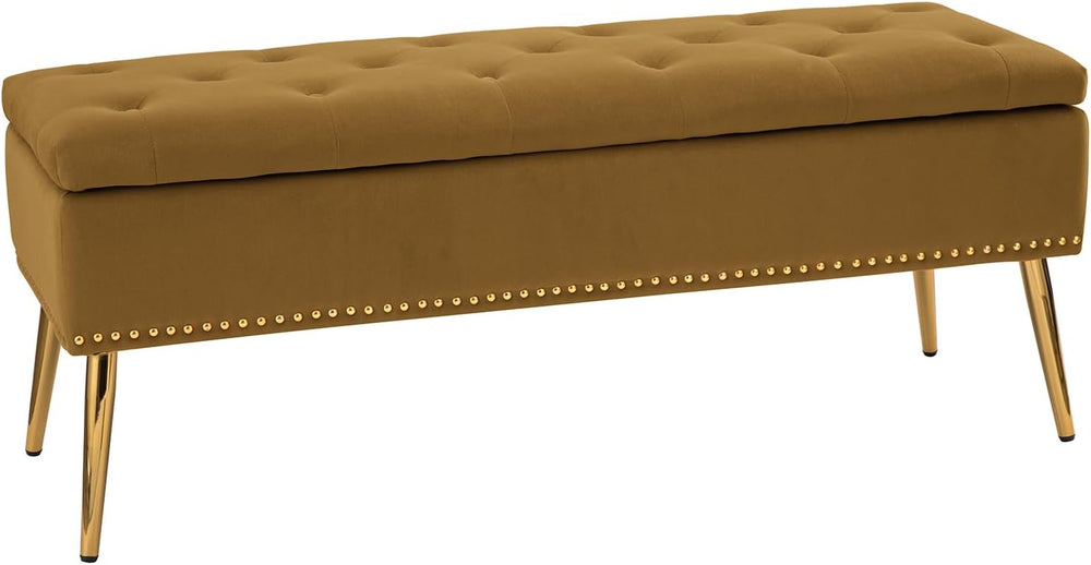 HULALA HOME Modern Velvet Storage Ottoman Bench with Gold Base & Nailhead...