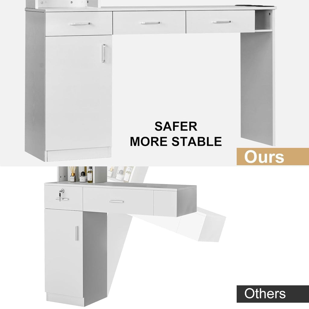 4ever2buy Hair Salon Station for Hair Stylist, Salon Wall Station with Barber Cabinet, Barber Stations Equipment Hair Dryer Holder, Drawers (White)
