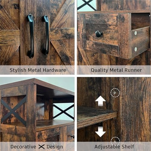 FiveWillowise Rustic Brown Farmhouse Storage Cabinet with Barn Doors and Shel...