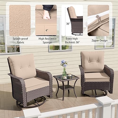 ALAULM 7-Piece Outdoor Swivel Rocking Chair Set with 40,000 BTU Round Fire Pi...