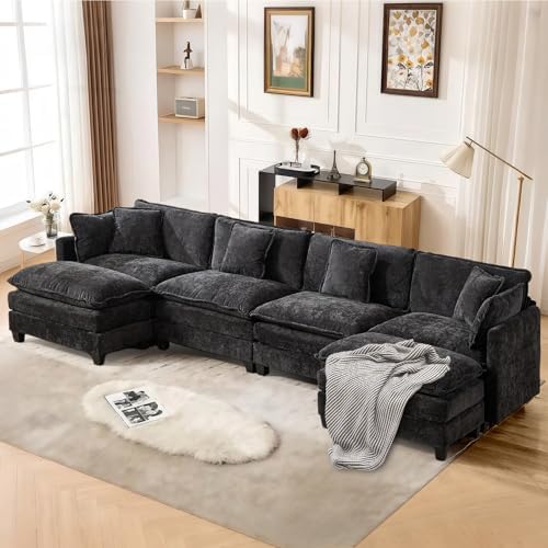 SoarFlash 149.61" Chenille U Shaped Modular Sofa with Ottoman,Black