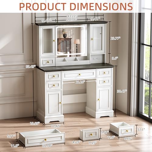 Vanity Desk with Mirror & Lights, Makeup Vanity with Power Outlet & U...
