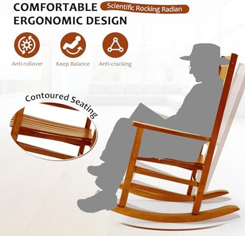 Hupmad Wooden Oversized Porch Rocker Chair with High Back and Armrest, All We...