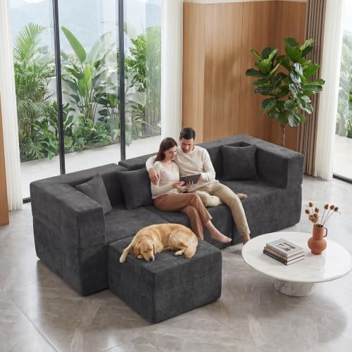 MONVANE L Shaped Sectional Couch Oversized, Chenille, Gray | 4-Seat Sectional...