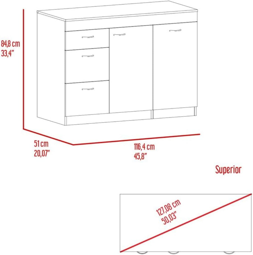 Grecia Kitchen Base Cabinet, 3 Drawers, 2 Shelves - White/Dark Walnut