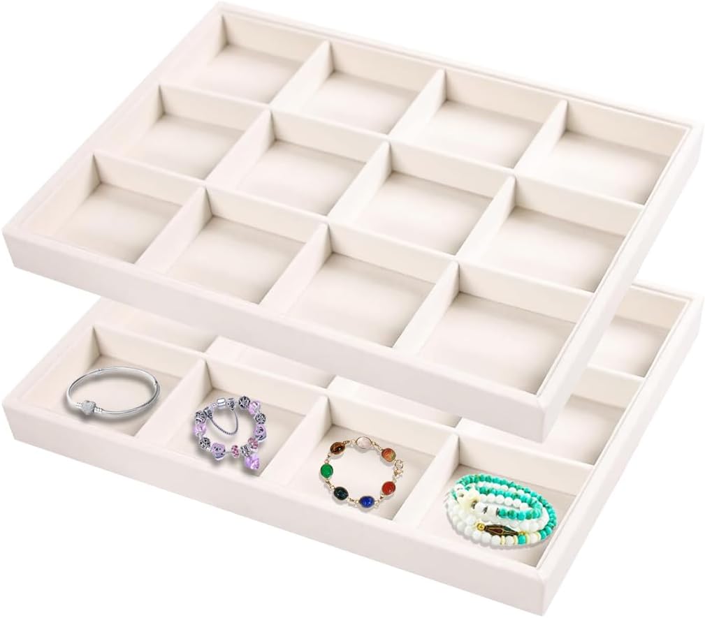 2pcs/Set Velvet Jewelry Tray, 12 Grids Large Storage Tray for Bracelet Bangle Beads Display, Jewellery Organizer Box Tray for Home Drawer or Shop Store Selling Show (Beige Velvet)