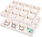 2pcs/Set Velvet Jewelry Tray, 12 Grids Large Storage Tray for Bracelet Bangle Beads Display, Jewellery Organizer Box Tray for Home Drawer or Shop Store Selling Show (Beige Velvet)