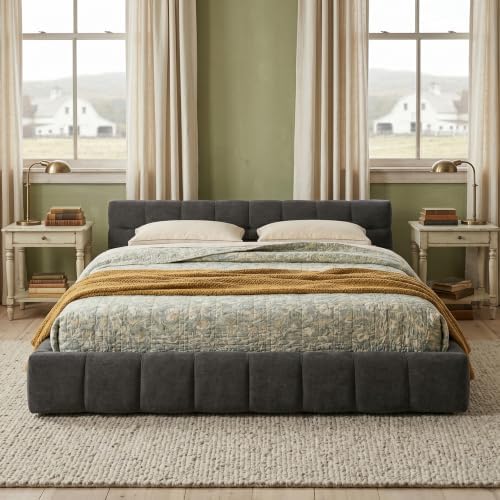 Upholstered Platform Bed Frame, Low Profile Chenille Bed with Headboard, Mode...