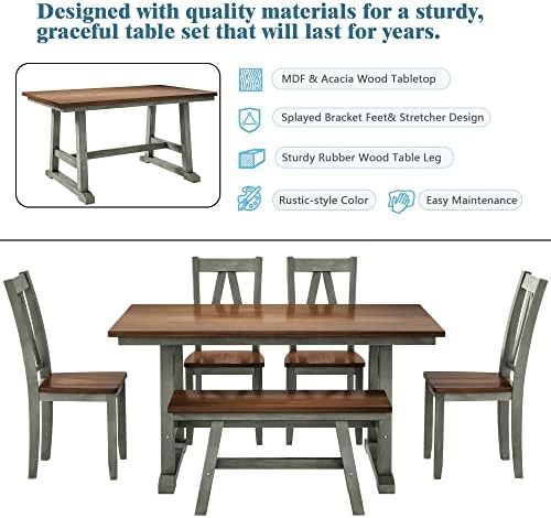 6-Piece Dining Table Set, 4 Chairs + Long Bench, Farmhouse, Gray