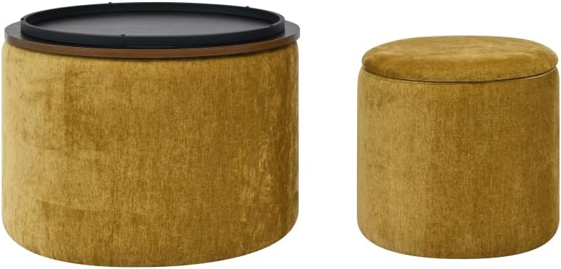 2-Piece Set Round Chenille Storage Ottoman, Equipped with a Drum Shaped Small...