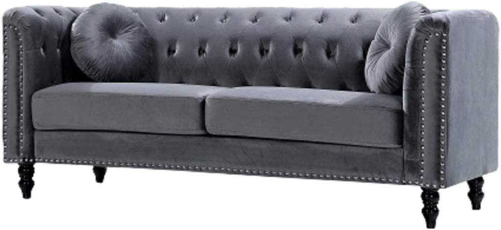 Container Furniture Direct Zenvor Velvet Chesterfield Sofa for Living Room, Apartment or Office, Mid Century Modern Couch with Diamond Tufts and Nailhead Accent, 75.98", Grey
