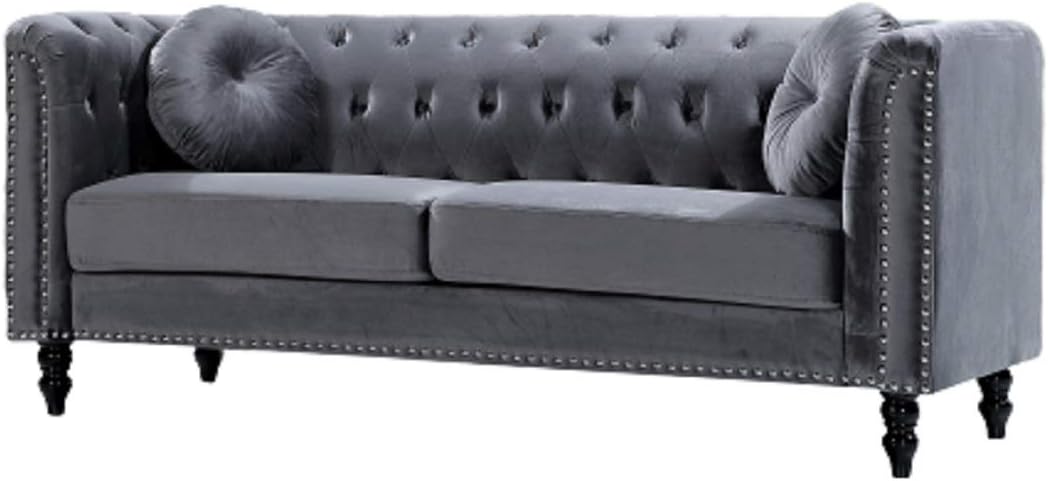 Container Furniture Direct Zenvor Velvet Chesterfield Sofa for Living Room, Apartment or Office, Mid Century Modern Couch with Diamond Tufts and Nailhead Accent, 75.98", Grey