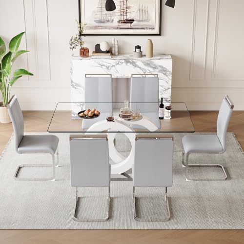 gopop Dining Table Set for 6, 7-Piece Glass Table with 6 PU Leather Chairs | ...