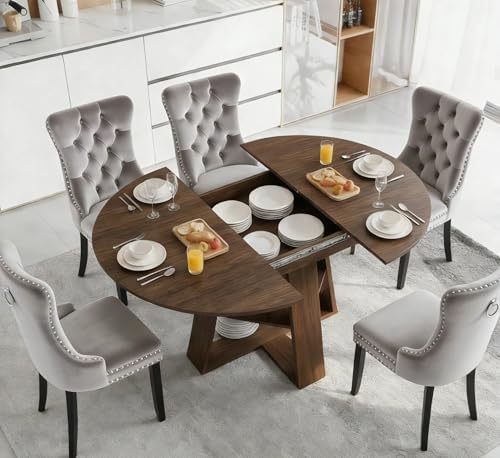 7 Piece Oval Extendable Dining Table Set for 6, 43"-59" Walnut Wood...