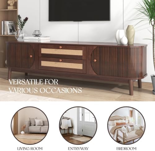 Bellemave Rattan TV Stand for up to 75", Modern Media Console with 2 Cabinets & 2 Drawers, Solid Wood Entertainment Center with Sliding Doors for Living Room, Bedroom (Walnut)