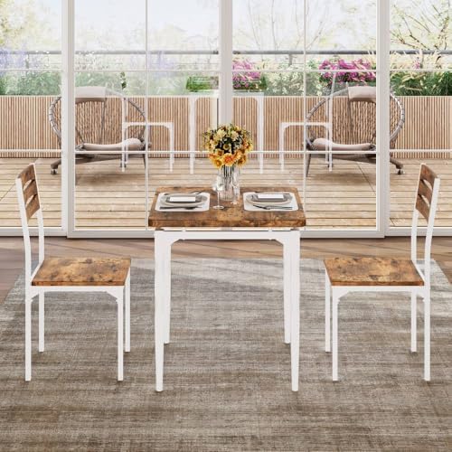 GarveeHome 3 Piece Dining Table Set, Kitchen Table Set for 2, White Brown
