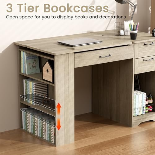 Drafting Table with Storage Cabinet & Drawers, Adjustable Drawing Desk wi...